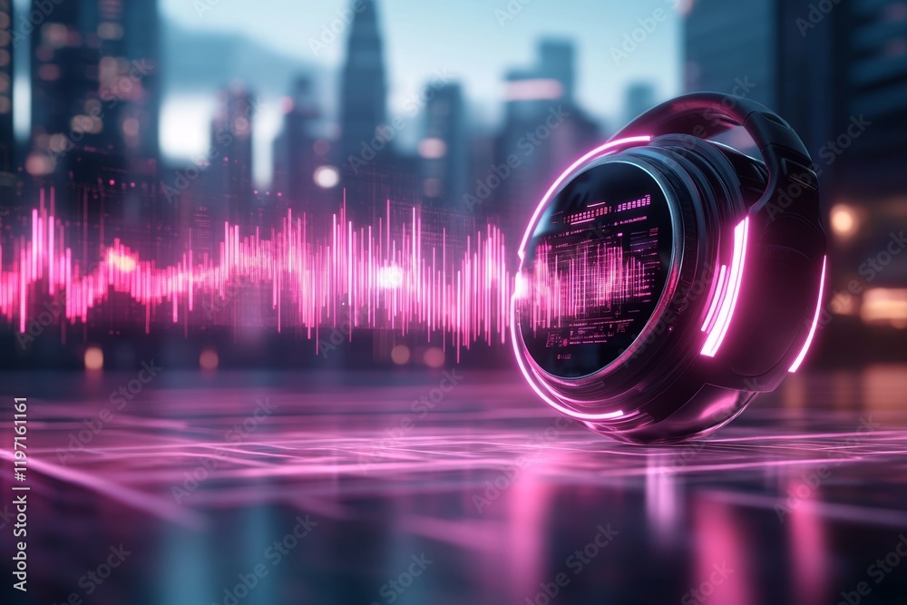 Poster a cyberpunk-inspired voip system with glowing neon sound waves, futuristic headsets, and holographic