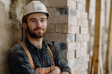 Confident worker stands beside brick wall, showcasing dedication