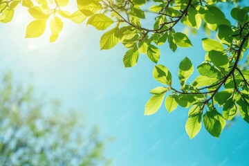 Obraz premium Bright green leaves against a clear blue sky with soft sunlight creating a tranquil and refreshing atmosphere. Generative AI