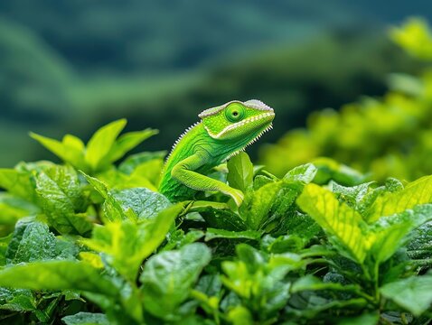 A chameleon skillfully climbs a branch, its vibrant scales adapting to the environment, showcasing its camouflage ability in a lush tropical setting filled with greenery.