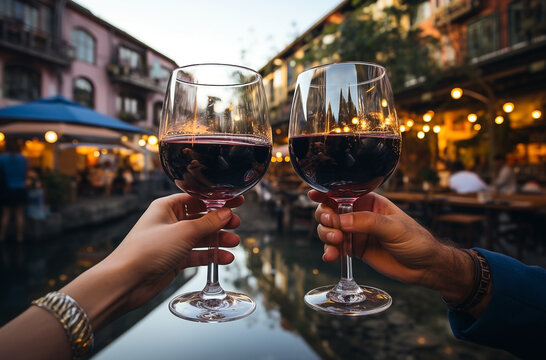 Two hands holding glasses of red wine in a blurred city background with bokeh lights