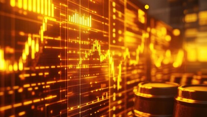 Glowing charts and graphs illustrate financial market trends on a digital screen in an urban environment during evening hours, showcasing trading dynamics and performance analytics