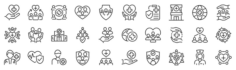 Set of 30 outline icons related to public health. Linear icon collection. Editable stroke. Vector illustration	