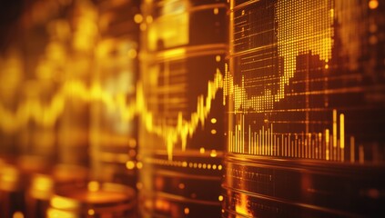 A digital display showcases financial market trends in glowing orange and gold tones. Graphs and statistical data highlight fluctuations in trading, creating a vibrant and futuristic atmosphere