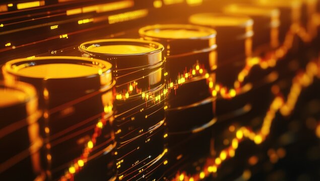 Numerous yellow oil barrels are lined up in a warehouse, illuminated by warm light. In the background, dynamic financial graphs illustrate market movements and trends, creating a vivid contrast - Powered by Adobe
