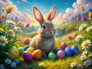 Happy Easter: Adorable Bunny, Colorful Eggs & Spring Landscape
