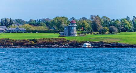 A view towards the shore from Narragansett bay at Newport, USA in the fall