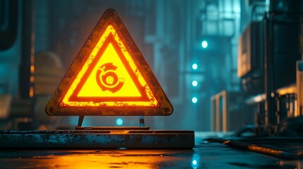 A glowing triangular signal mark with a rotating yellow hazard icon 