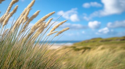 Coastal grass, ocean breeze, dunes, sunny day, nature scene