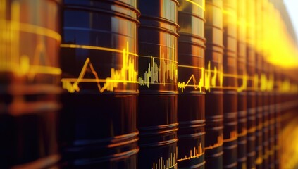 A series of oil barrels are neatly arranged, showcasing a dynamic digital graph overlay