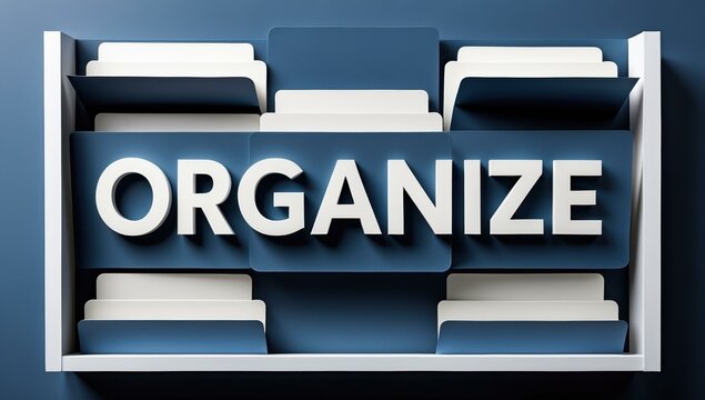 ORGANIZE text title in center and folder layers structure plan sort align in graphite blue white colors
