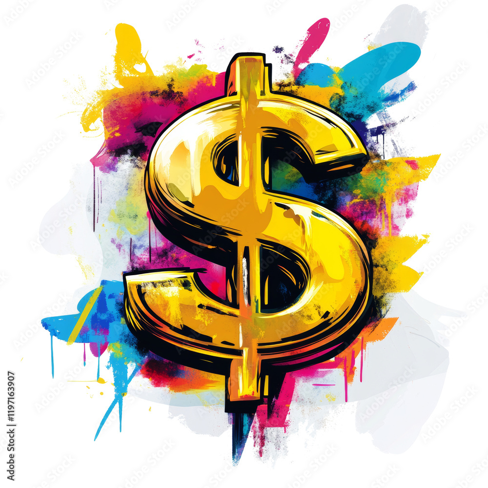 Poster a stylized golden dollar sign is depicted against a backdrop of vibrant colorful paint splatters cre