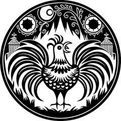 Obraz premium Artistic black and white print of a rooster with decorative elements