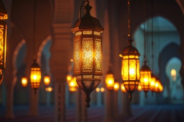 Hanging ornate lanterns glow warmly in an arched space.