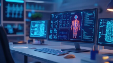 Advanced Technology in Medical Research with Computer Monitors Displaying Human Anatomy and Vital Signs