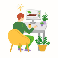 Gardener watching video tutorial  at gardening online blog in flat cartoon design. Man learning new information about sowing seeds and plant care, planning next gardening year. Vector illustration