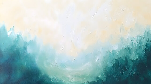 An abstract interpretation of nature, with soft green and blue tones blending into jagged earthy textures 