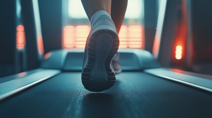 Young women running in a gym on a treadmill.  Close up shoe run. Woman with muscular legs. Exercising concept.