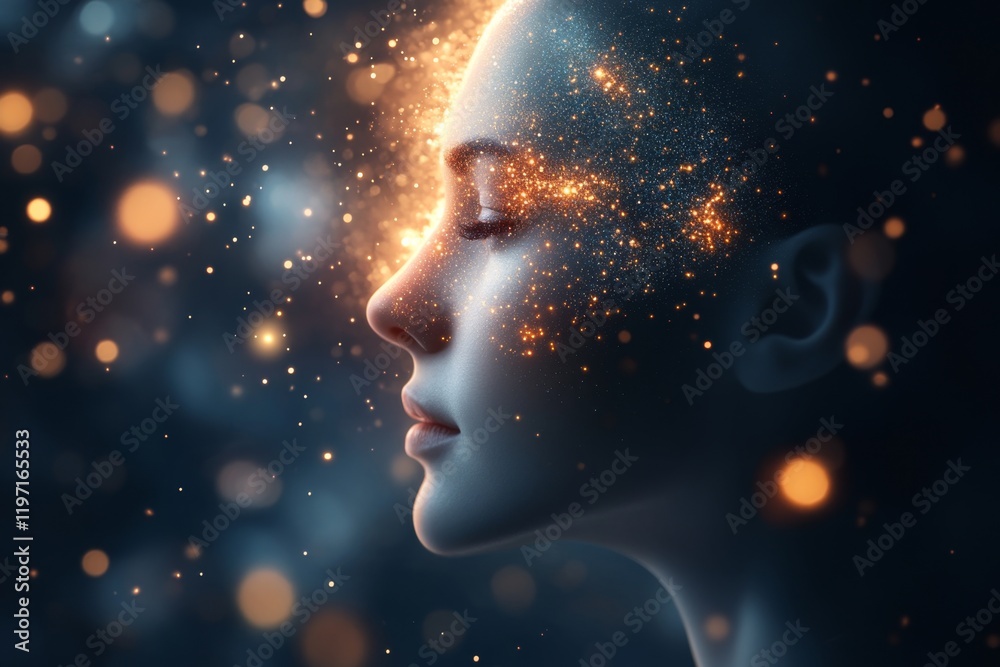 Aufkleber a digital illustration of a person surrounded by abstract shapes and soft light, with sections of th