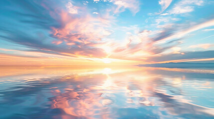 Obraz premium A tranquil sunrise over Lake Tahoe, with smooth reflections of the pine tree-lined shoreline and streaking pastel clouds