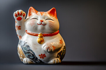 An eye-catching shot of a Chinese lucky cat figurine with a raised paw - a well-known talisman believed to bring good luck. black background