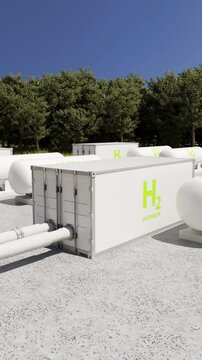 Hydrogen production plant expanding with oxygen tanks. Vertical animation