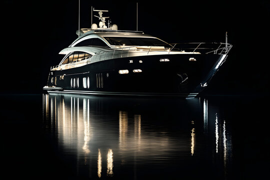 An alluring image showcasing the sophisticated interior design of a luxury yacht black background