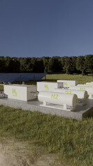 Green hydrogen production plant powered by solar panels in rural landscape. 3d render