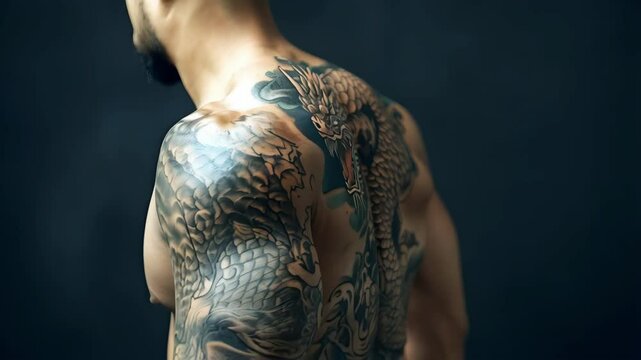 big tattoo of dragon on the muscular male back