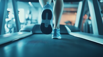 Young women running in a gym on a treadmill.  Close up shoe run. Woman with muscular legs. Exercising concept.