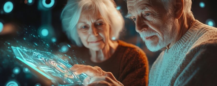 Elderly Couple Embracing Futuristic Holographic Tablet Technology with Warm Lighting - Powered by Adobe