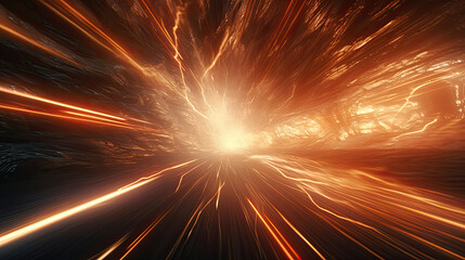 Abstract orange energy tunnel with dynamic motion and glowing particles