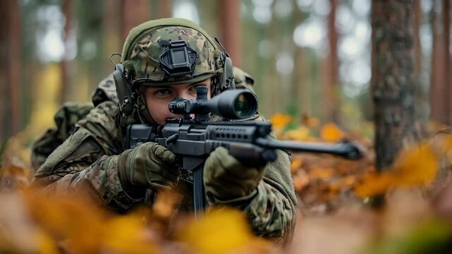 lying soldier aiming with sniper rifle in autumn forest, war concept