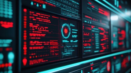 Futuristic Digital Interface with Red and Blue Elements Displaying Complex Data and Cybersecurity Threats