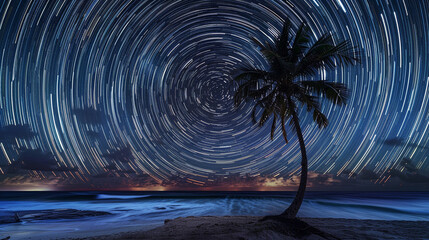 A vibrant view of a lone palm tree silhouetted against a starry sky on a quiet beach in the Maldives, with faint star trails and silky waves