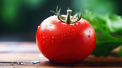 Closeup of a Fresh Red Tomato with Water Droplets on Wooden Surface