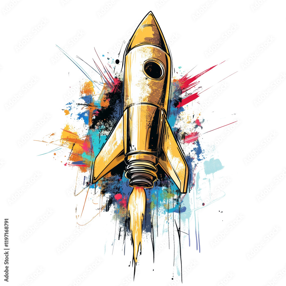 Aufkleber A stylized golden rocket blasts off against a backdrop of colorful paint splatters symbolizing a dynamic and energetic launch into space.