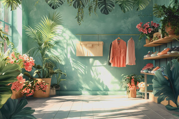 Room with green plants shelf and stylish shoes - indoor plant decor modern design home accessories cozy space natural light minimalistic aesthetic urban jungle indoor gardening