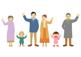 手を振る冬服の家族のイラストのセット
