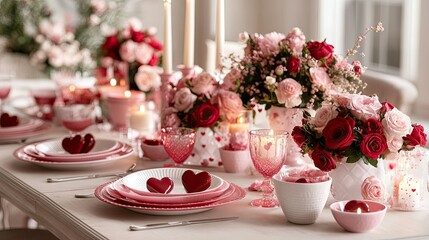Fototapeta premium A beautifully decorated Valentine's Day party table with pink and red roses, candles, and heart-shaped plates and glasses.