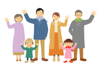 手を振る冬服の6人の家族のイメージイラスト
