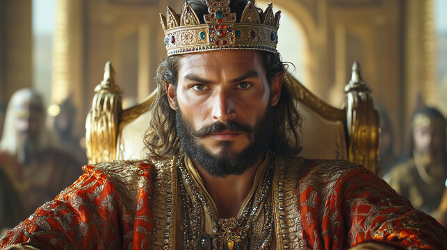 King Ahasuerus seated on a grand golden throne, dressed in an opulent red and gold robe adorned with intricate embroidery