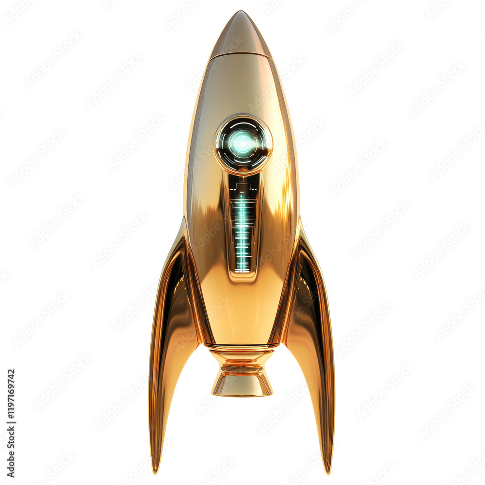 Poster a sleek golden retro-styled rocket ship is depicted in a 3d rendering against a black background.
