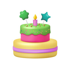 Birthday cake with chocolate melting icing, burning candle, golden beads, stars and sprinkles. Vector isolated tasty dessert from bakery or cafe. Anniversary celebration and festivity decor
