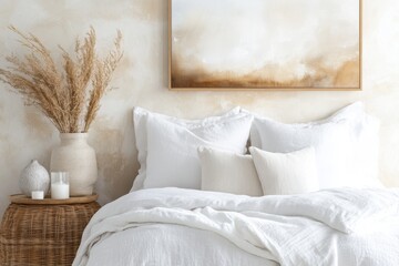 A dreamy watercolor illustration of a serene bedroom with neutral tones, soft lighting, and artistic brushstroke textures