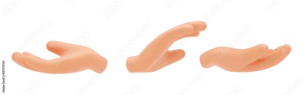 Poster Giving or taking movement, isolated realistic 3d hand gesture. Vector gesturing and non verbal communication. Offering or asking, human arm with fingers and palm. Reaching or touching symbol