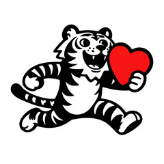 funny running tiger with a heart, cute valentines day illustration