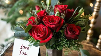 Obraz premium A bouquet of red roses with delicate greenery, arranged on a rustic table with a romantic I Love You card nearby.