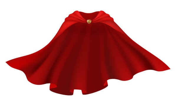 Magician cover, flying cape superhero cloth. Magic hero flowing rescue covering of wizard, front view. Vector scarlet fabric silk cloak, mantle costume. Illustration of carnival vampire satin clothes