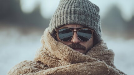 A mysterious figure, wrapped in layers of cozy winter clothing, hides their identity behind a stylish hat and dark sunglasses.